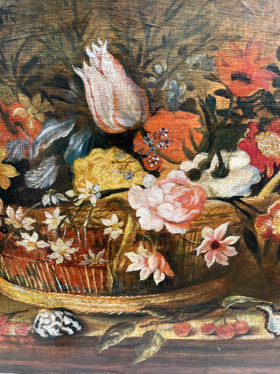 Huile Sur Toile, Panier De Fleurs , Avec Coquillages, Fruits, Dans Une Niche. Fin 19 éme Ou XXe-photo-3