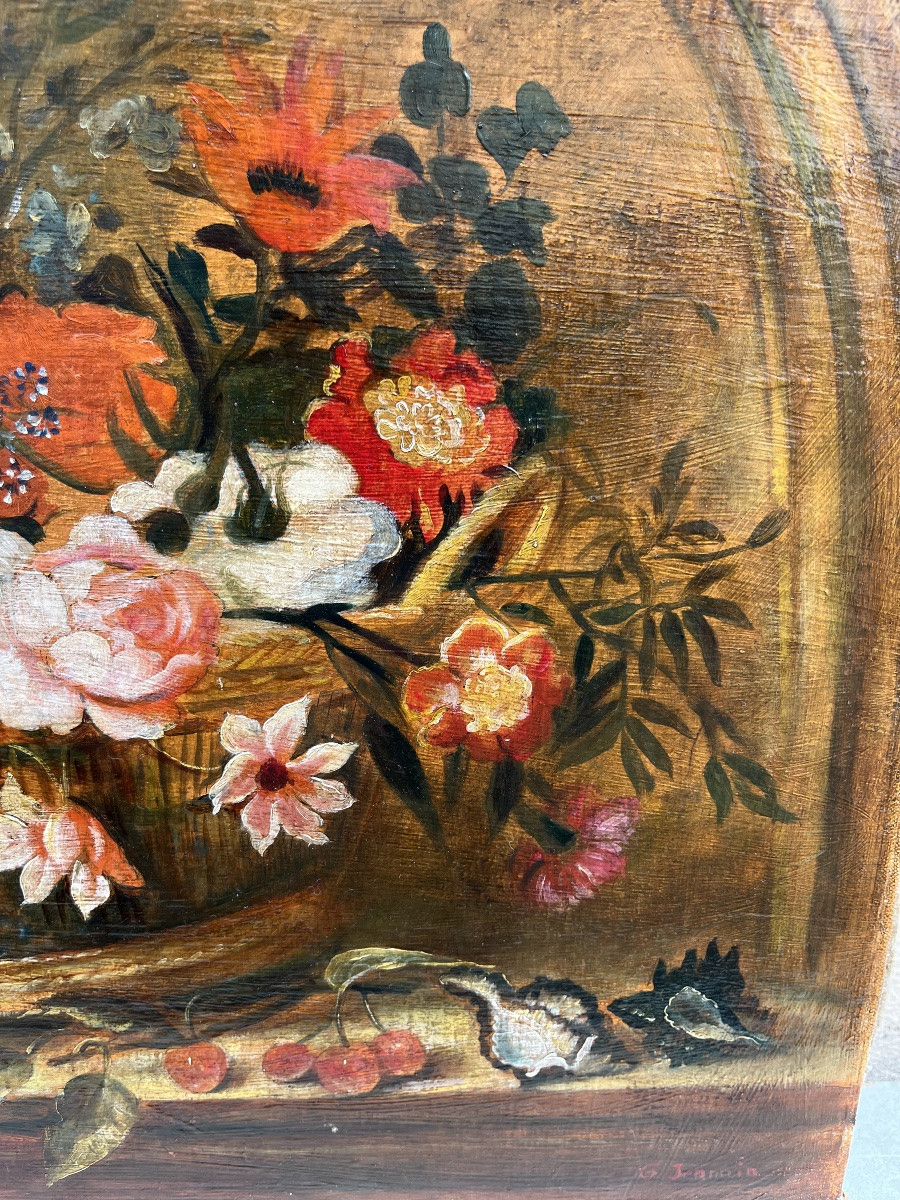 Huile Sur Toile, Panier De Fleurs , Avec Coquillages, Fruits, Dans Une Niche. Fin 19 éme Ou XXe-photo-4
