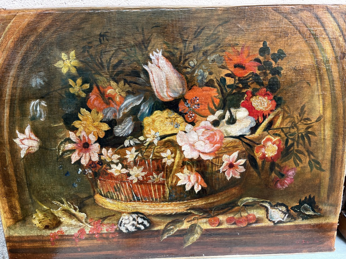 Huile Sur Toile, Panier De Fleurs , Avec Coquillages, Fruits, Dans Une Niche. Fin 19 éme Ou XXe-photo-2