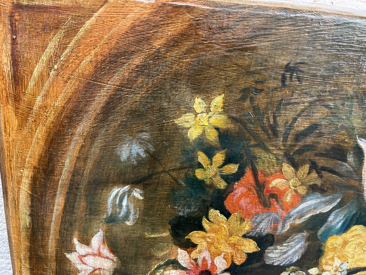 Huile Sur Toile, Panier De Fleurs , Avec Coquillages, Fruits, Dans Une Niche. Fin 19 éme Ou XXe-photo-4