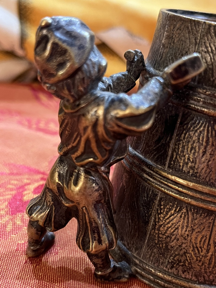 Small Bronze Pot, Barrel-shaped, Crafted By A Young Craftsman. 19th Century. Germany? -photo-1