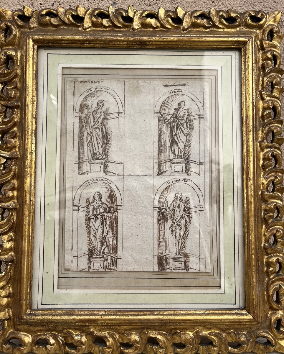 Intéressant Dessin Français, Présentant les vertus classiques du XVII eme siècle. France.