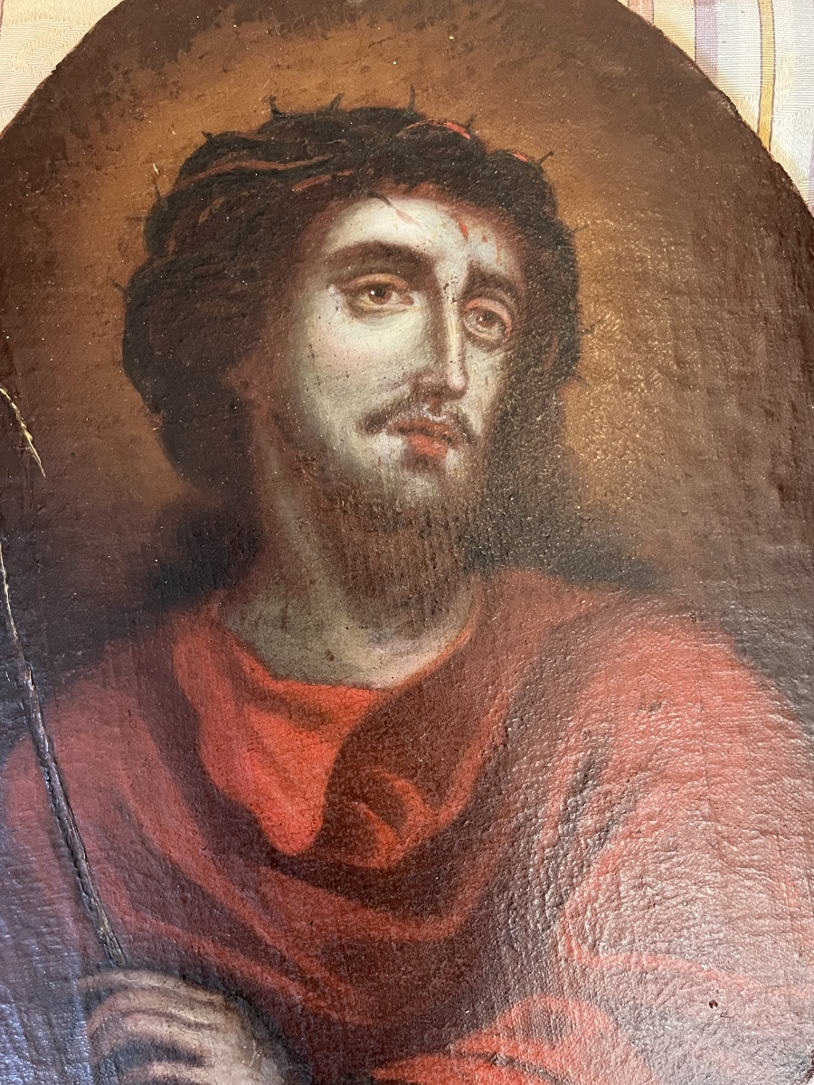 Beautiful Oil On Oval Canvas, “christ With The Reed”, Spain, 17th Century.-photo-2