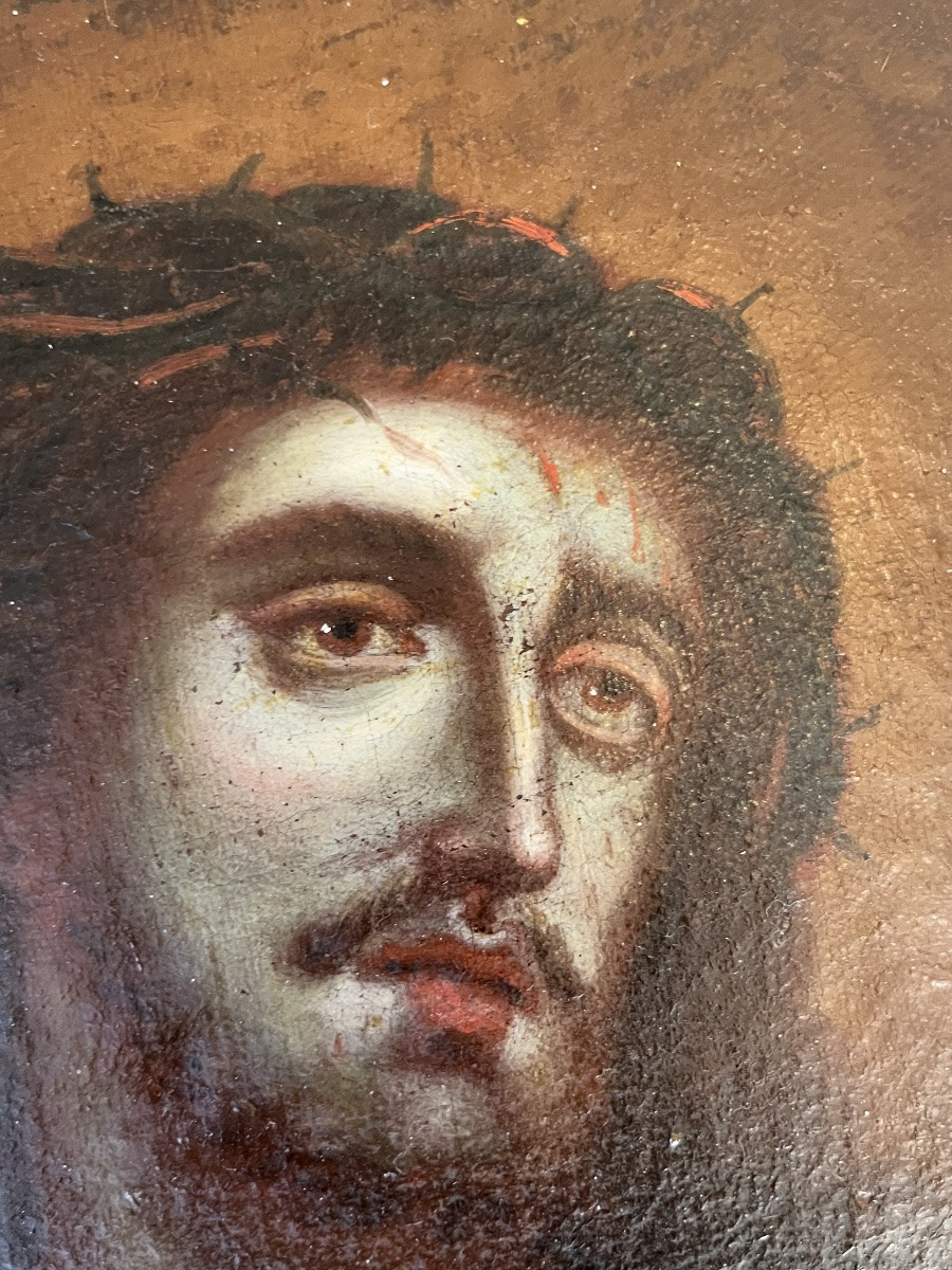Beautiful Oil On Oval Canvas, “christ With The Reed”, Spain, 17th Century.-photo-3