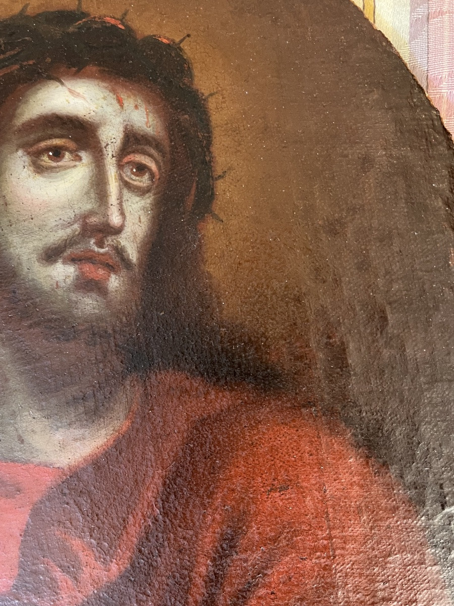Beautiful Oil On Oval Canvas, “christ With The Reed”, Spain, 17th Century.-photo-1
