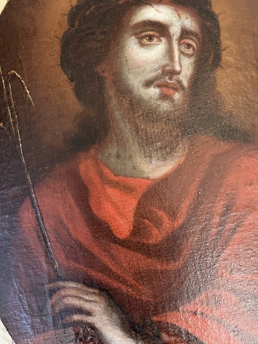 Beautiful Oil On Oval Canvas, “christ With The Reed”, Spain, 17th Century.-photo-2