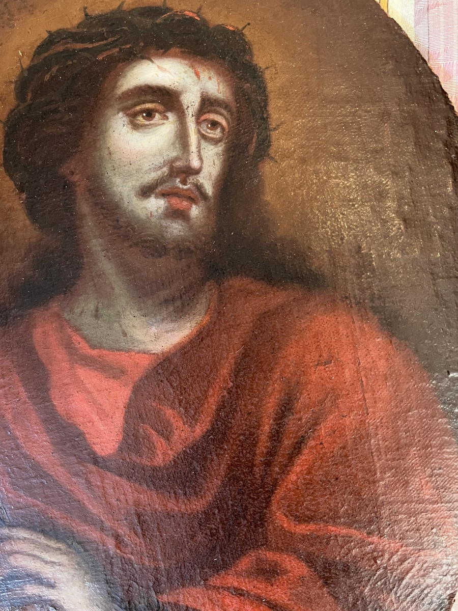 Beautiful Oil On Oval Canvas, “christ With The Reed”, Spain, 17th Century.-photo-3
