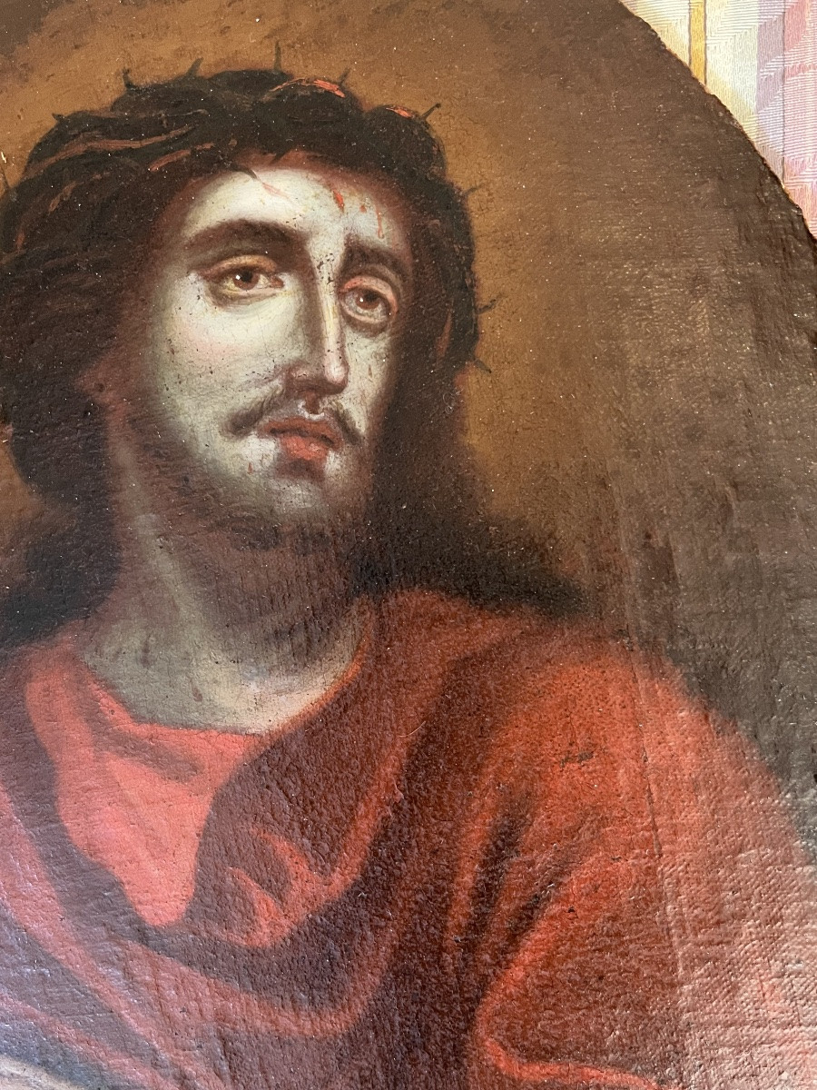 Beautiful Oil On Oval Canvas, “christ With The Reed”, Spain, 17th Century.-photo-4