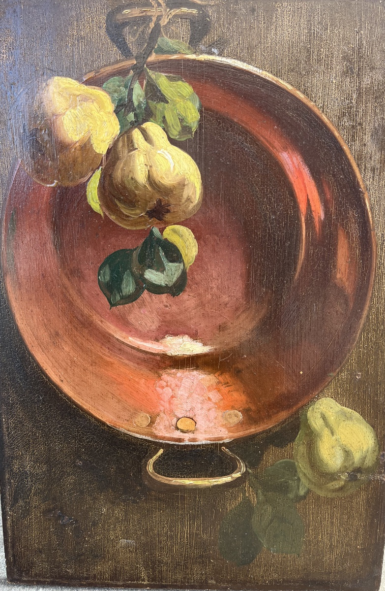 Jolie Nature Morte à La Bassine De Cuivre Et Coings.