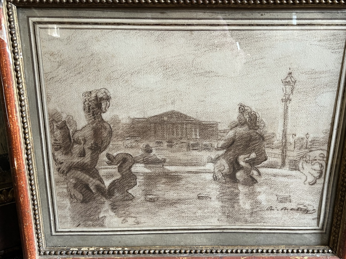 Intéressant dessin à la sanguine, représentant la place de la Concorde, vers 1920. 
