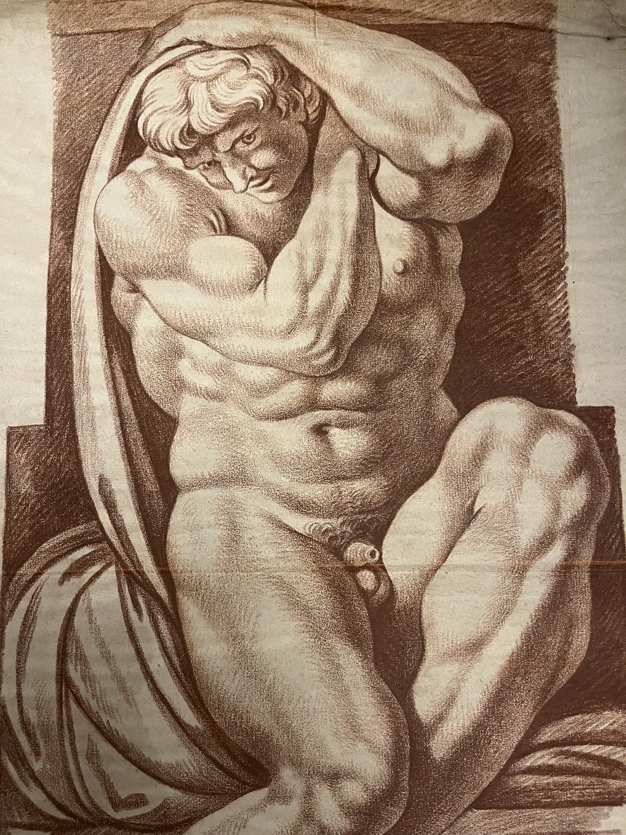 Grand dessin à la sanguine, atlante, copie d'une oeuvre de la Renaissance.  XVIII eme.-photo-3