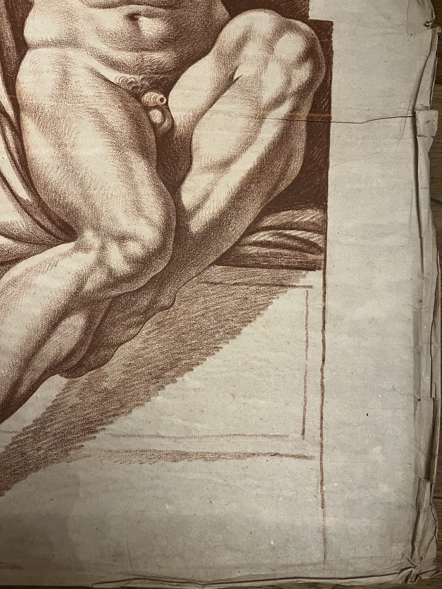 Grand dessin à la sanguine, atlante, copie d'une oeuvre de la Renaissance.  XVIII eme.-photo-4