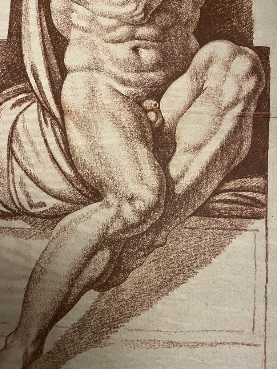 Grand dessin à la sanguine, atlante, copie d'une oeuvre de la Renaissance.  XVIII eme.-photo-1