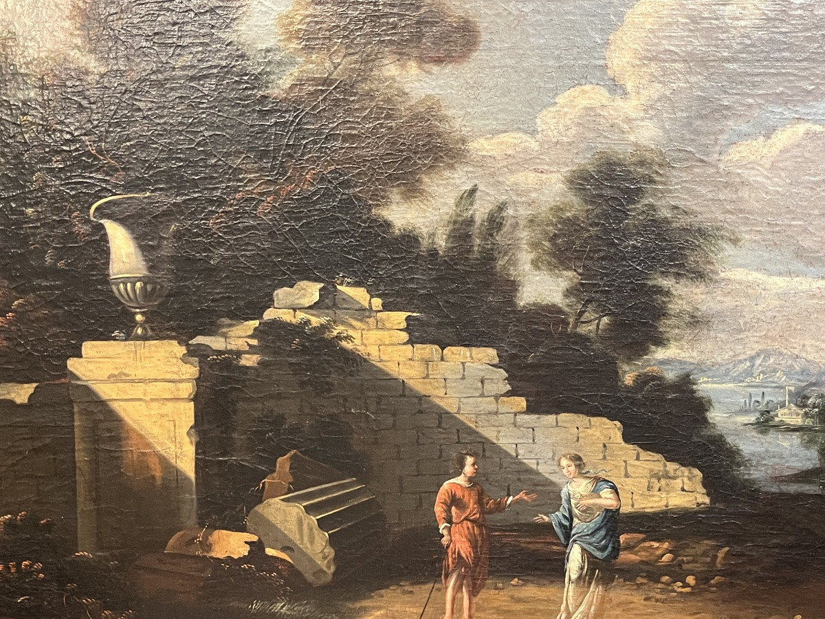 Large Oil On Canvas, In The Italian Style, Ruins, Roman Landscape, Couple. 18th Century.-photo-2