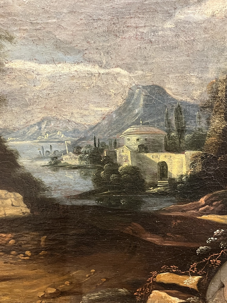 Large Oil On Canvas, In The Italian Style, Ruins, Roman Landscape, Couple. 18th Century.-photo-4