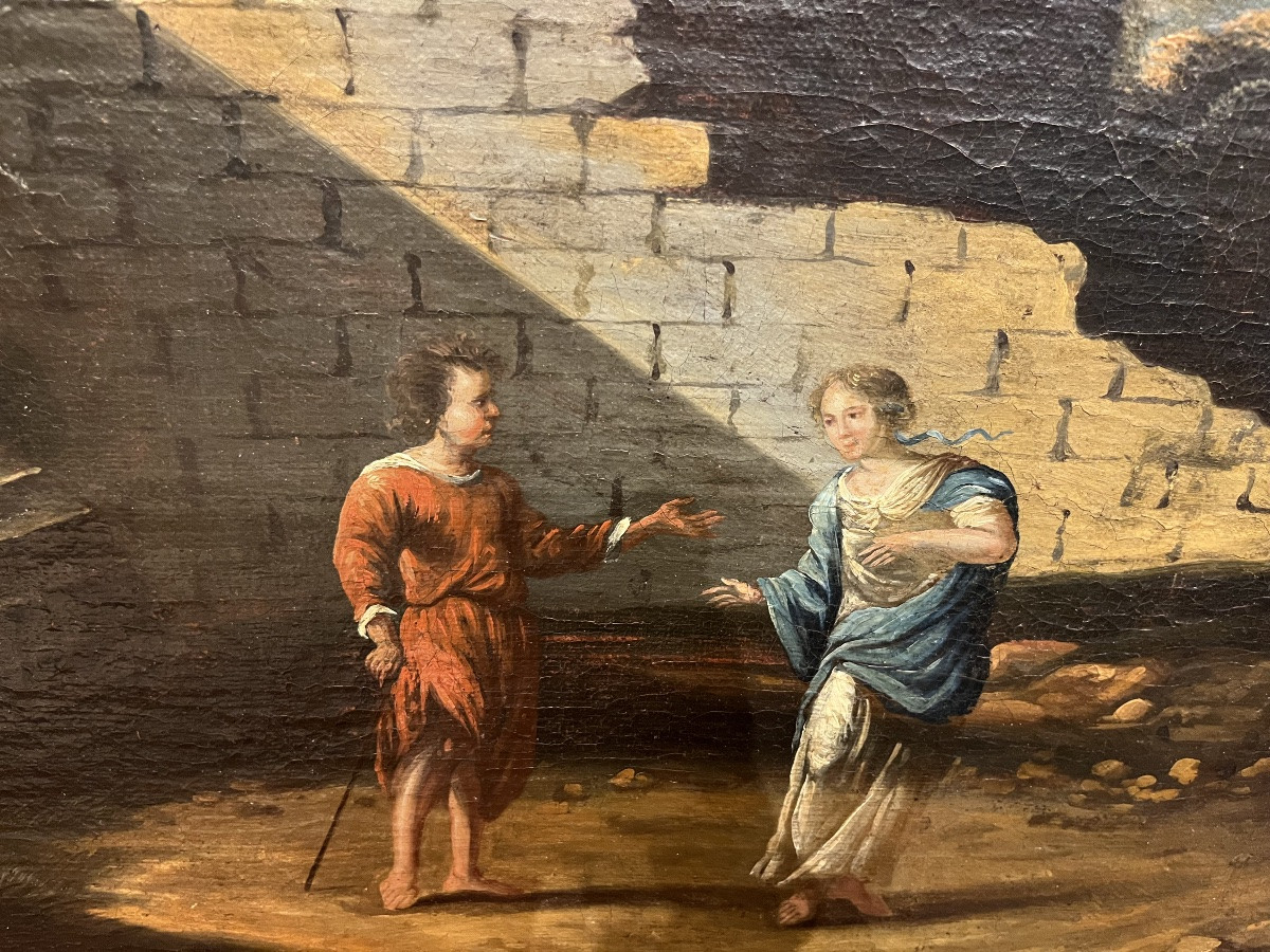 Large Oil On Canvas, In The Italian Style, Ruins, Roman Landscape, Couple. 18th Century.-photo-2