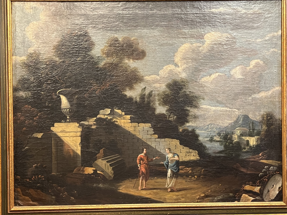 Large Oil On Canvas, In The Italian Style, Ruins, Roman Landscape, Couple. 18th Century.