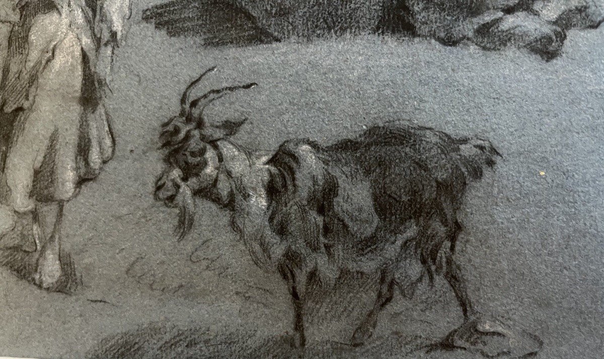 Beau dessin sur papier bleu, XVIIIeme, jeune paysanne, chèvre et bœuf, suiveur de Huet.-photo-4