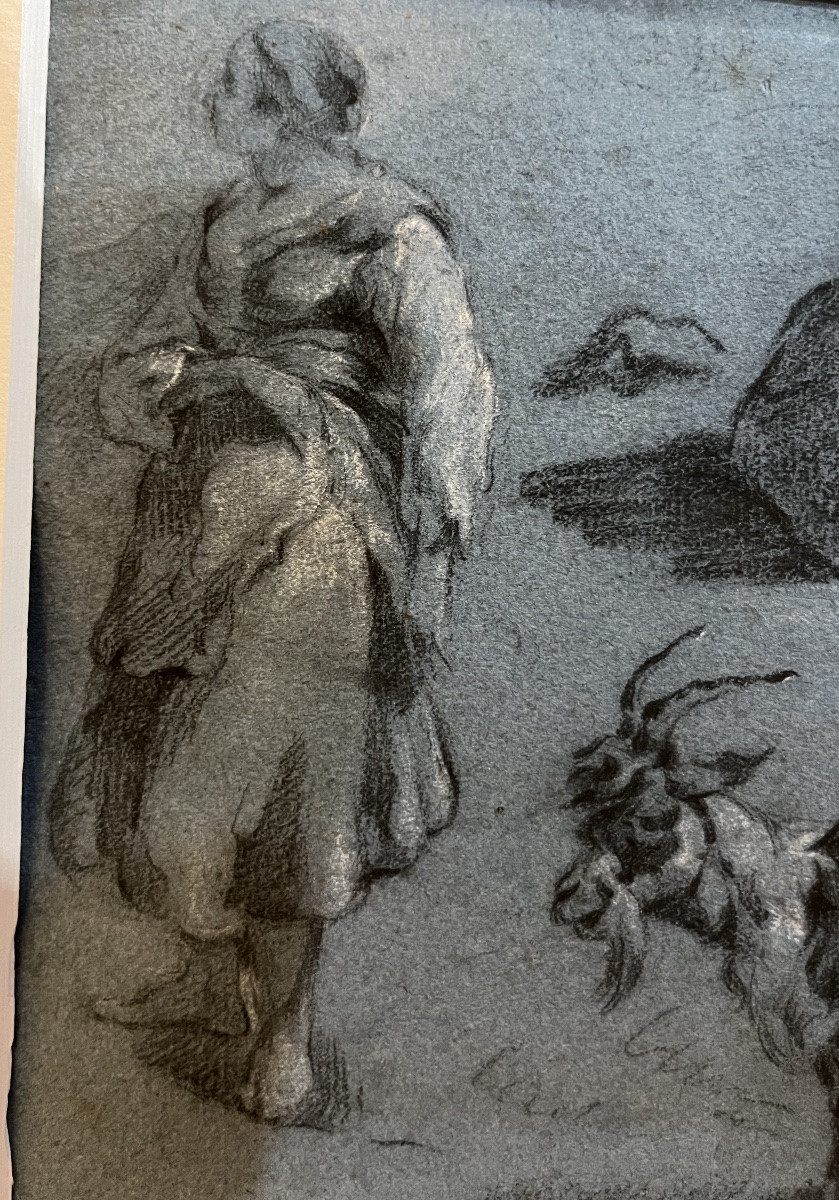 Beau dessin sur papier bleu, XVIIIeme, jeune paysanne, chèvre et bœuf, suiveur de Huet.-photo-3