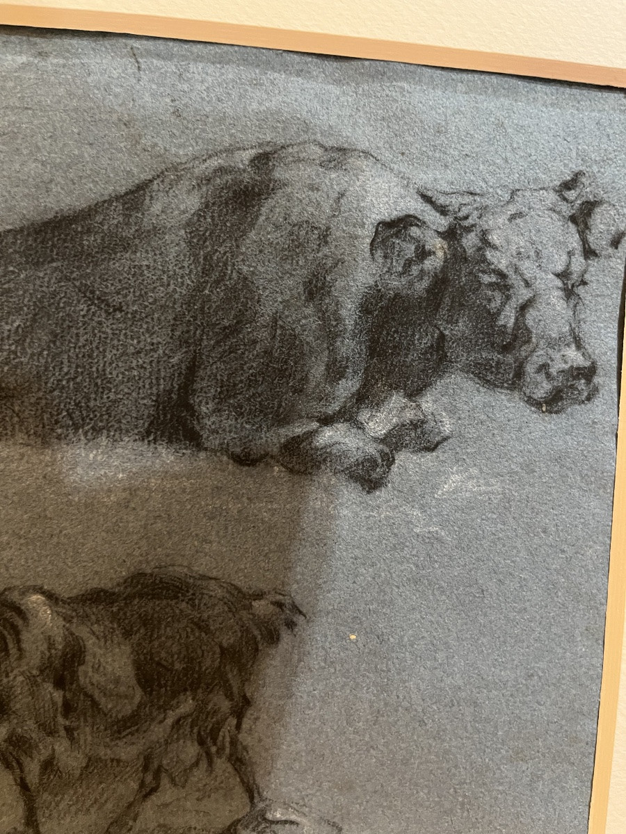 Beau dessin sur papier bleu, XVIIIeme, jeune paysanne, chèvre et bœuf, suiveur de Huet.-photo-4