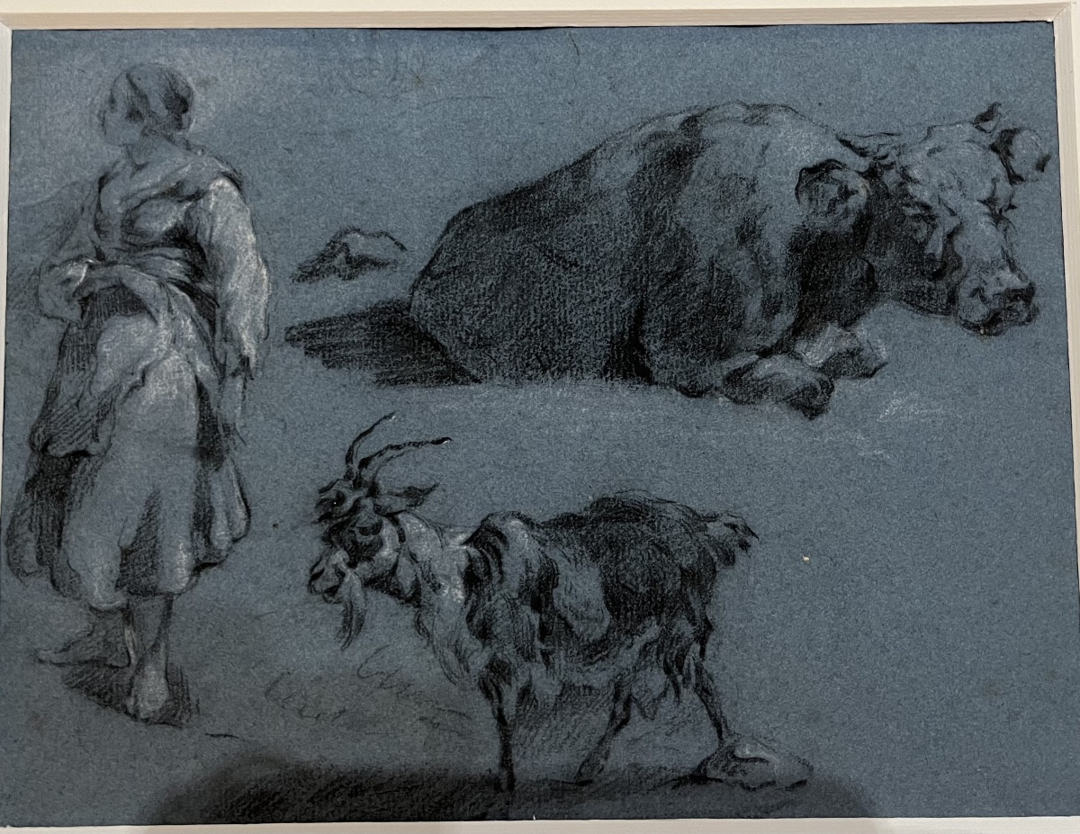 Beau dessin sur papier bleu, XVIIIeme, jeune paysanne, chèvre et bœuf, suiveur de Huet.