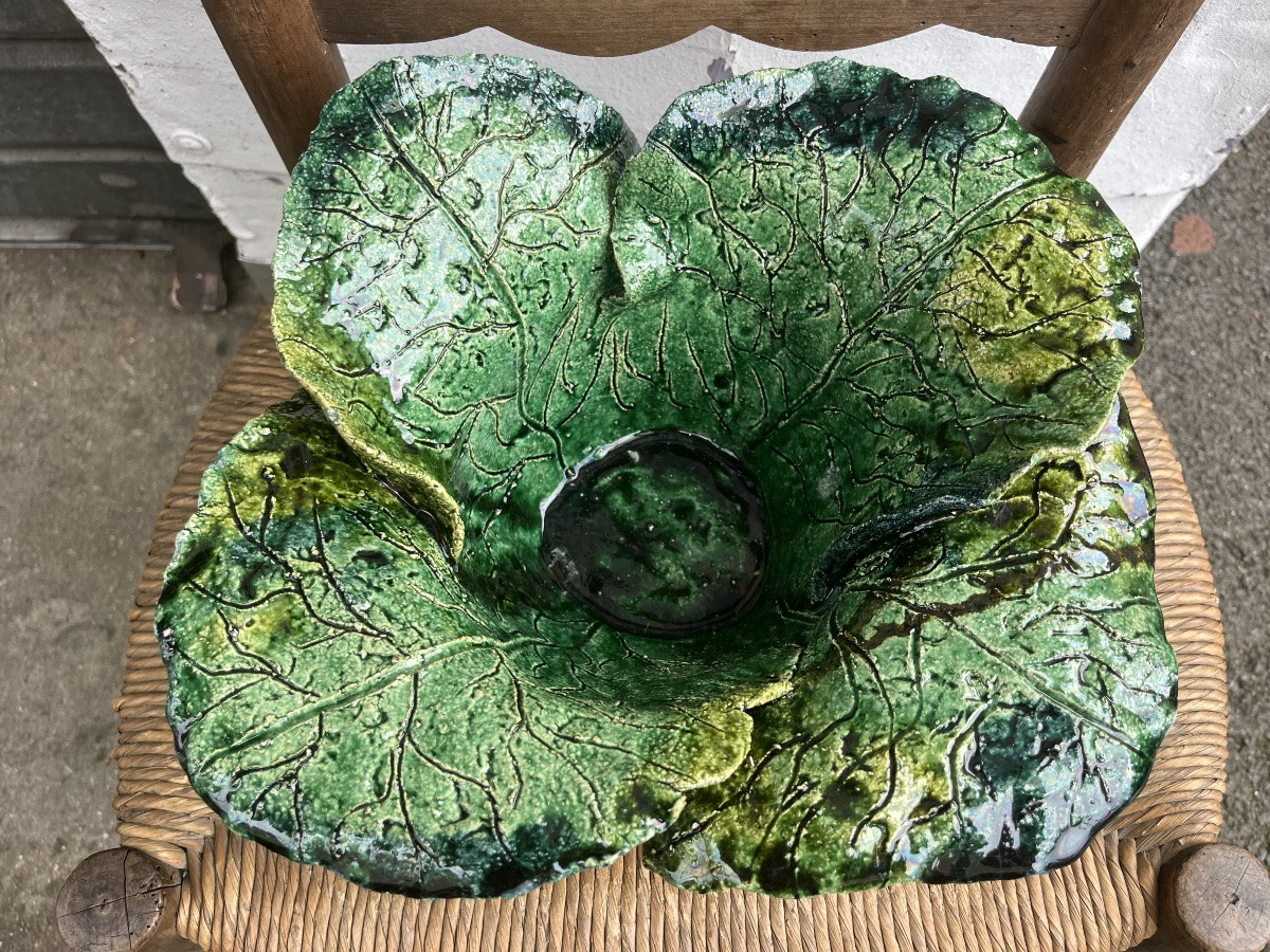 Beautiful Hollow Dish, Simulating A Cabbage. Green Glazed Terracotta, France. Late 19th Century.-photo-3