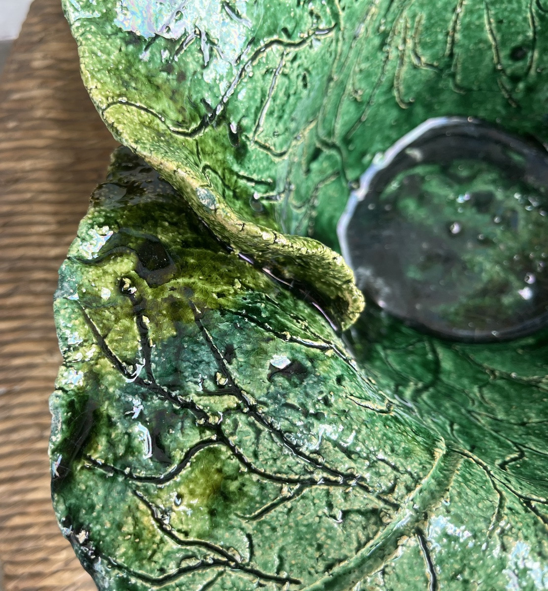 Beautiful Hollow Dish, Simulating A Cabbage. Green Glazed Terracotta, France. Late 19th Century.-photo-4