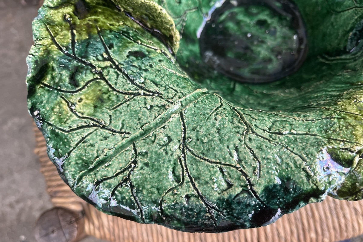 Beautiful Hollow Dish, Simulating A Cabbage. Green Glazed Terracotta, France. Late 19th Century.-photo-1