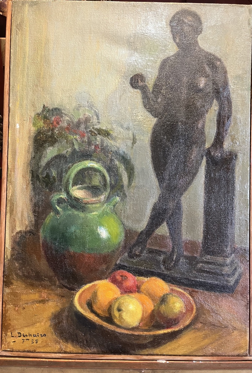 Large Oil On Canvas, 1955, “black Venus With A Green Pot”.-photo-2