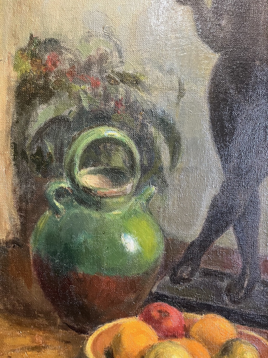 Large Oil On Canvas, 1955, “black Venus With A Green Pot”.-photo-3