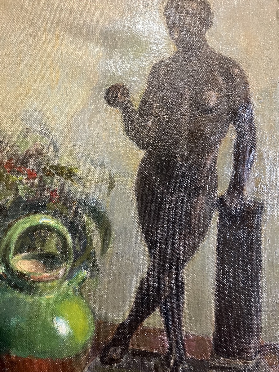 Large Oil On Canvas, 1955, “black Venus With A Green Pot”.-photo-4