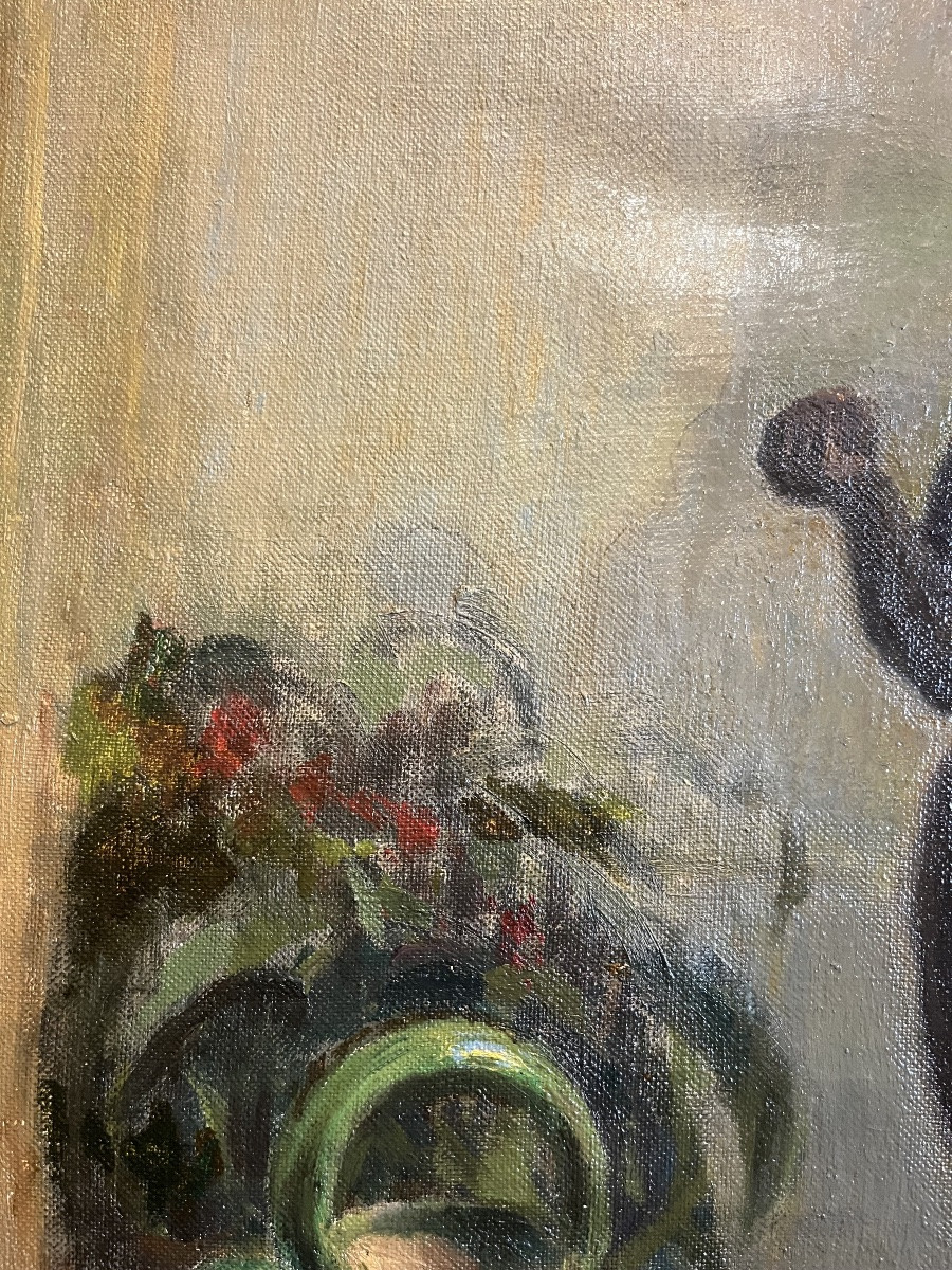 Large Oil On Canvas, 1955, “black Venus With A Green Pot”.-photo-1