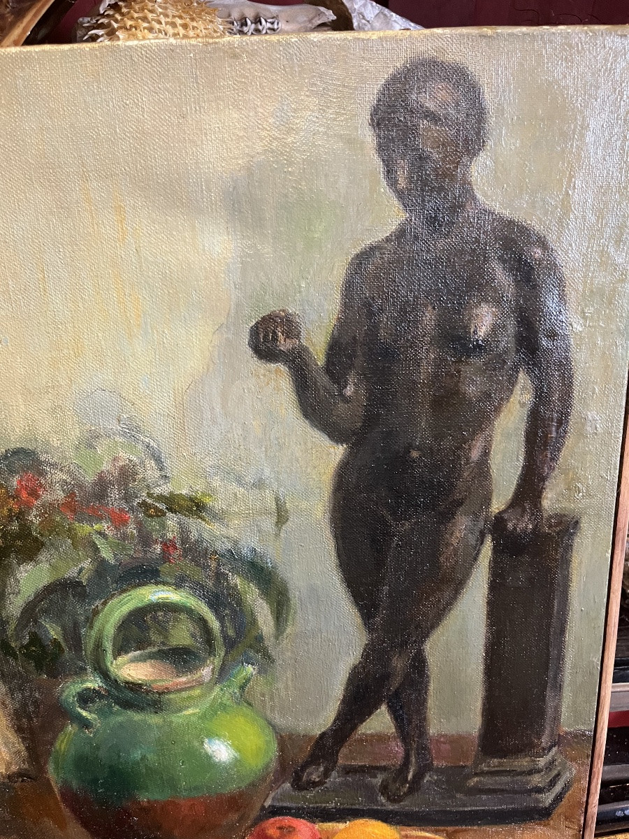 Large Oil On Canvas, 1955, “black Venus With A Green Pot”.-photo-2