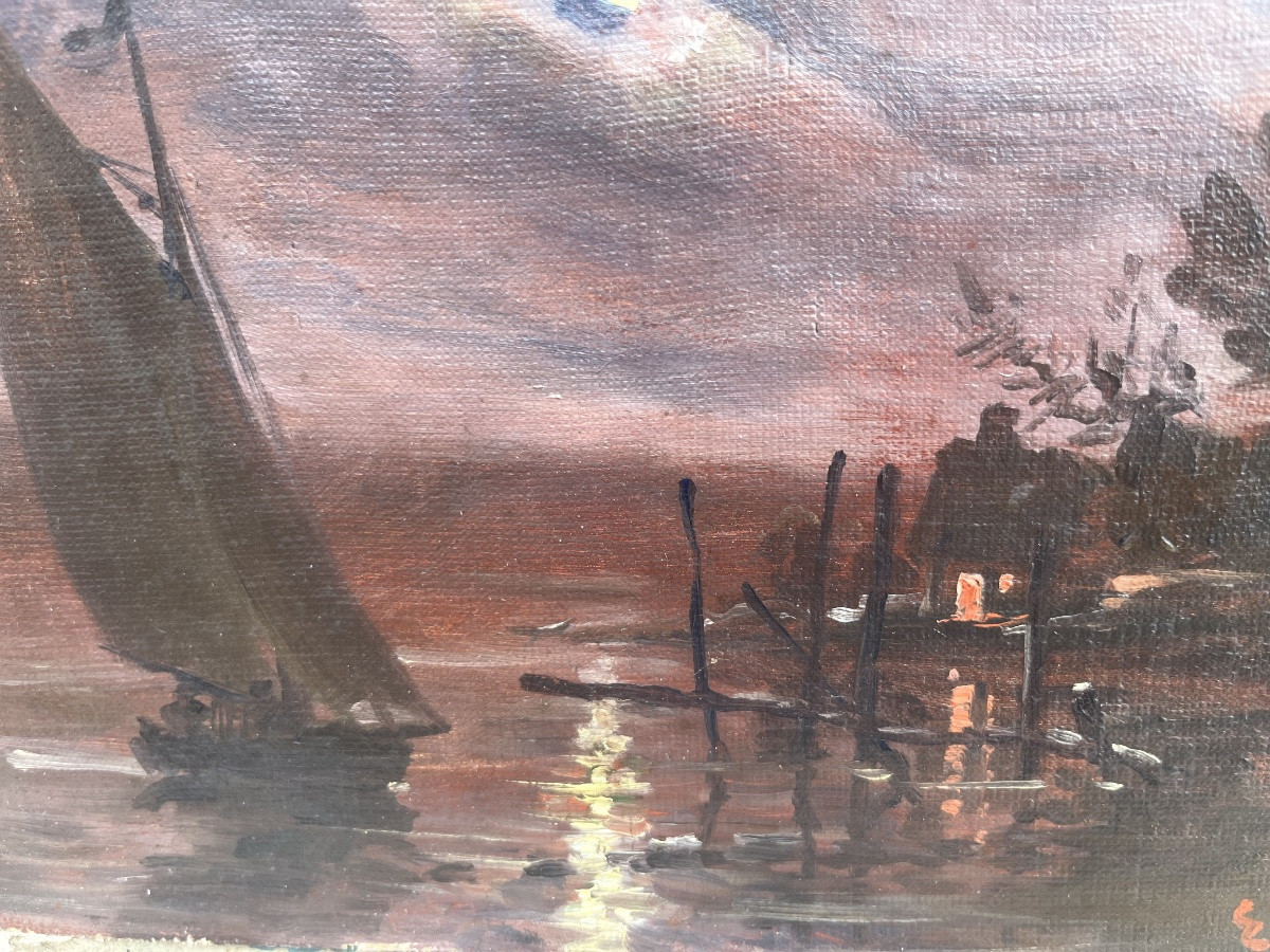 Small Oil On Canvas, Moon Reflected On The Water, Sailboat, 19th Century.-photo-2