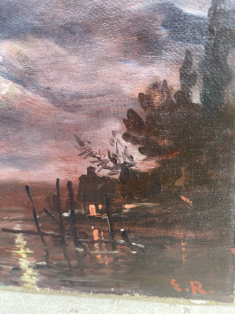 Small Oil On Canvas, Moon Reflected On The Water, Sailboat, 19th Century.-photo-3