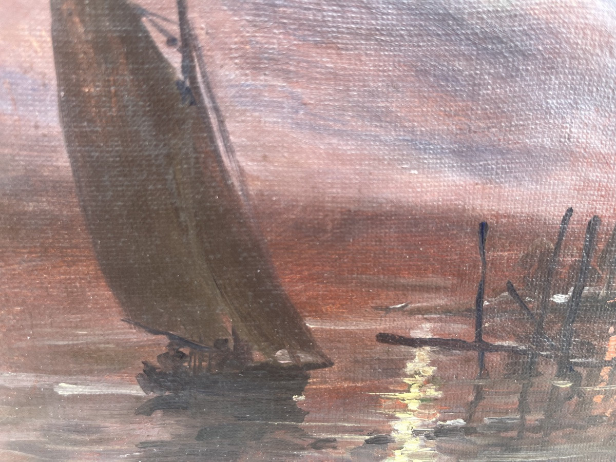 Small Oil On Canvas, Moon Reflected On The Water, Sailboat, 19th Century.-photo-4