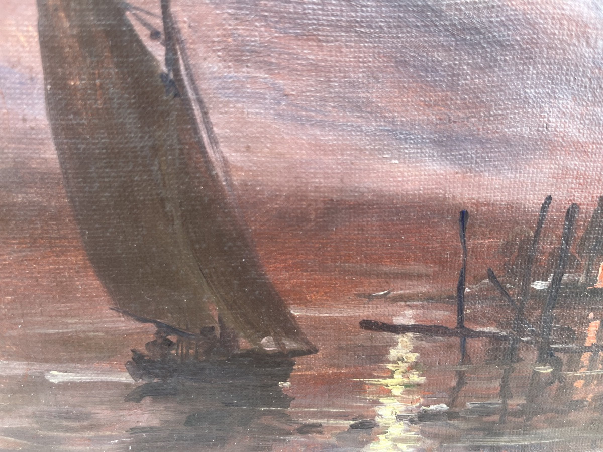 Small Oil On Canvas, Moon Reflected On The Water, Sailboat, 19th Century.-photo-1
