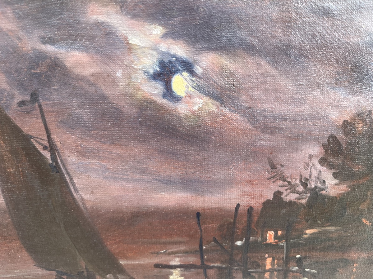 Small Oil On Canvas, Moon Reflected On The Water, Sailboat, 19th Century.-photo-5
