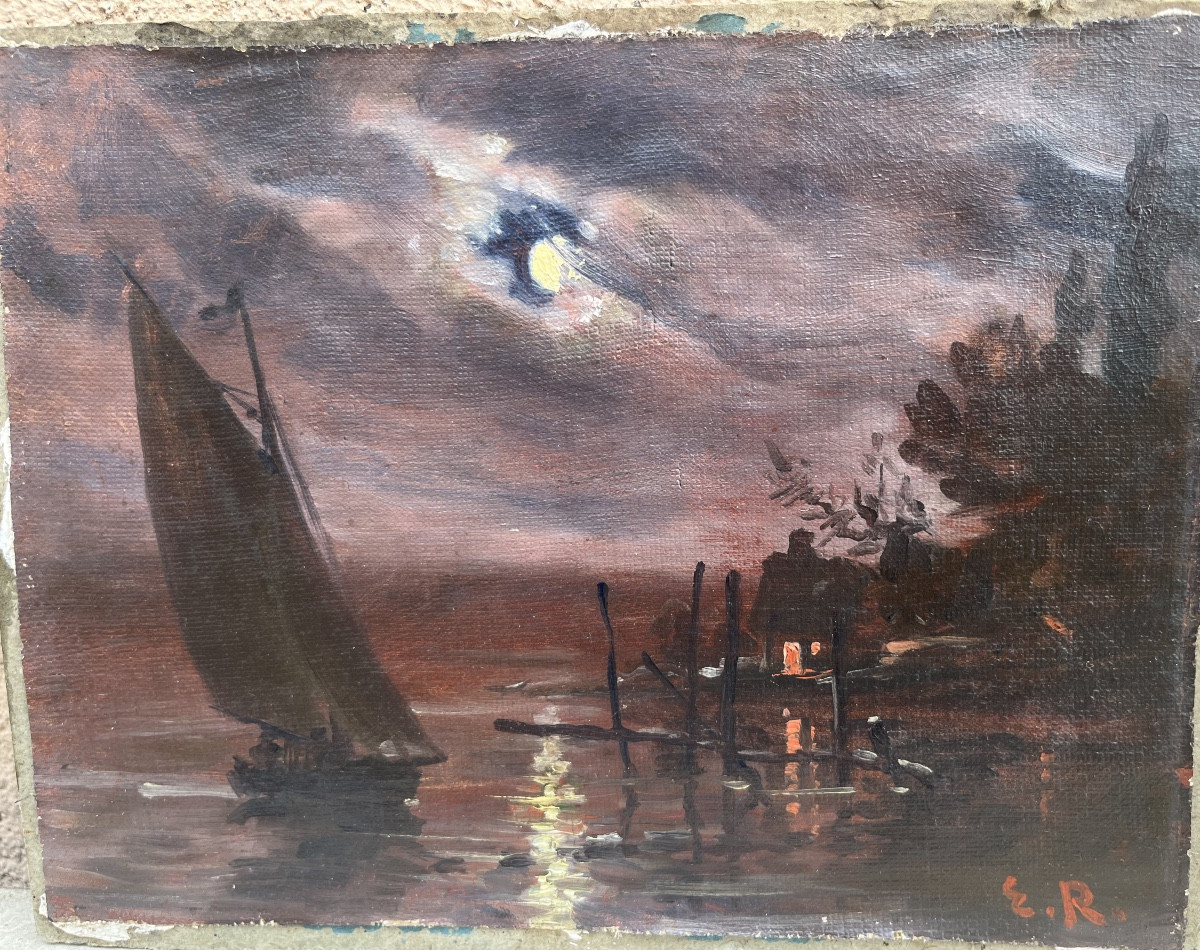 Small Oil On Canvas, Moon Reflected On The Water, Sailboat, 19th Century.