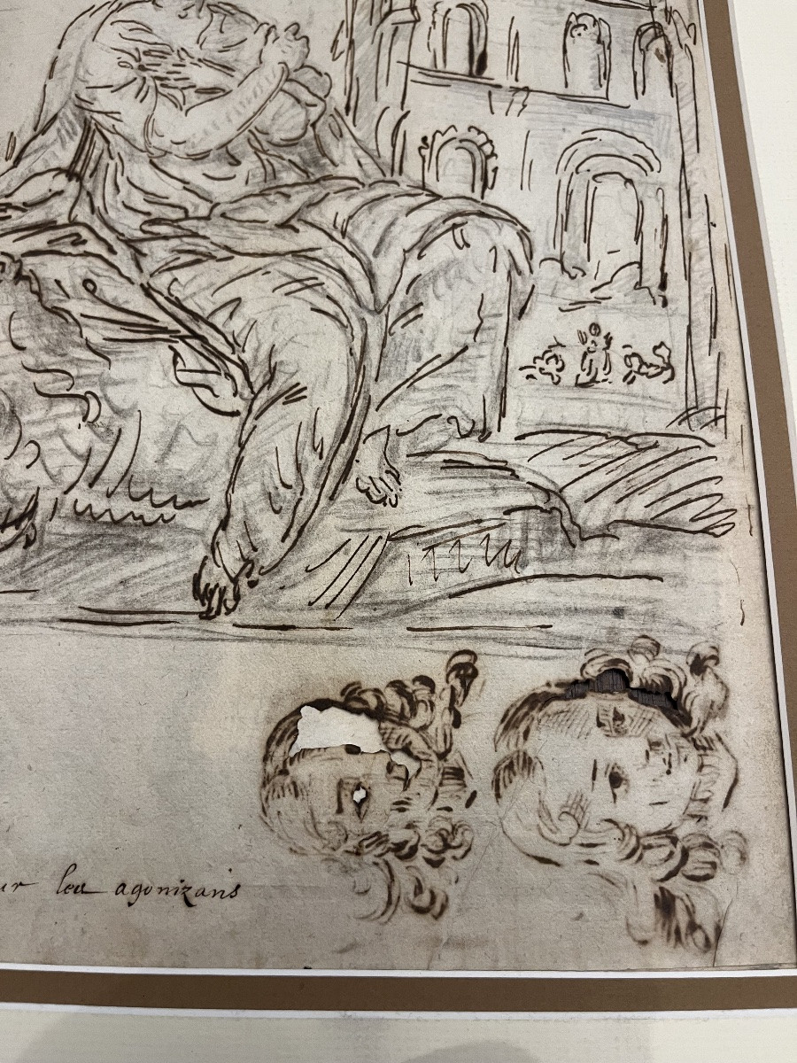 Large 18th Century Drawing, St. Thecla Seated On A Lion, In A Landscape With Ruins.-photo-4