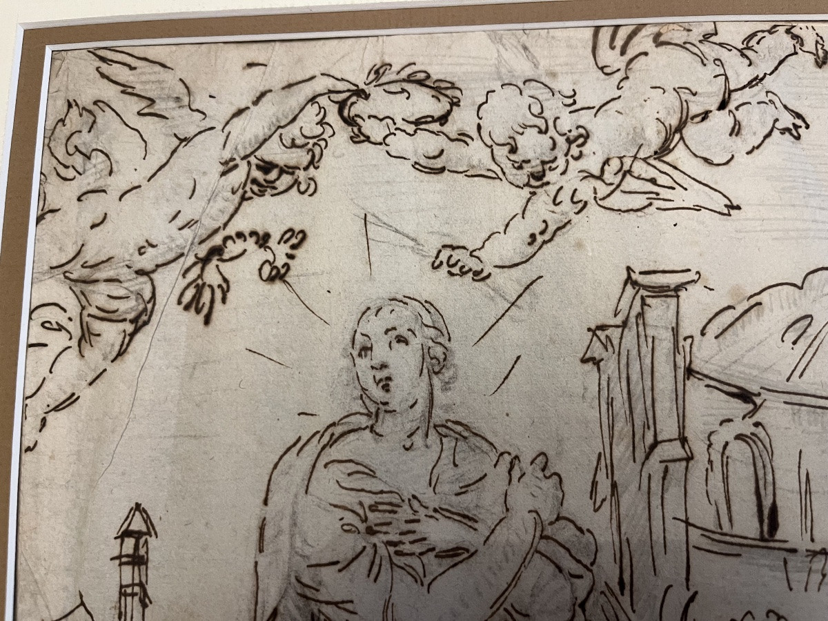 Large 18th Century Drawing, St. Thecla Seated On A Lion, In A Landscape With Ruins.-photo-3