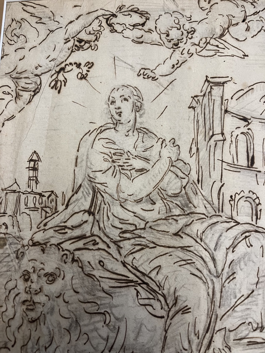 Large 18th Century Drawing, St. Thecla Seated On A Lion, In A Landscape With Ruins.-photo-5