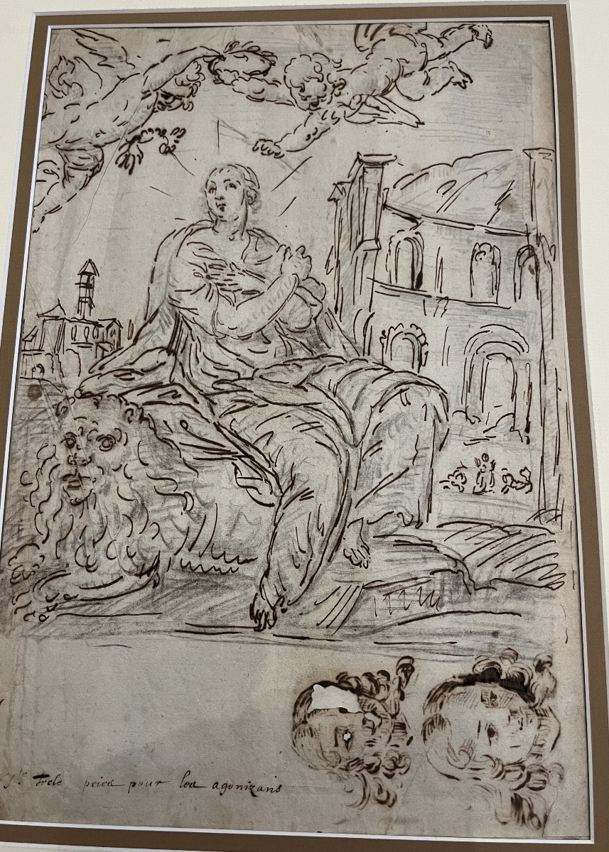 Large 18th Century Drawing, St. Thecla Seated On A Lion, In A Landscape With Ruins.