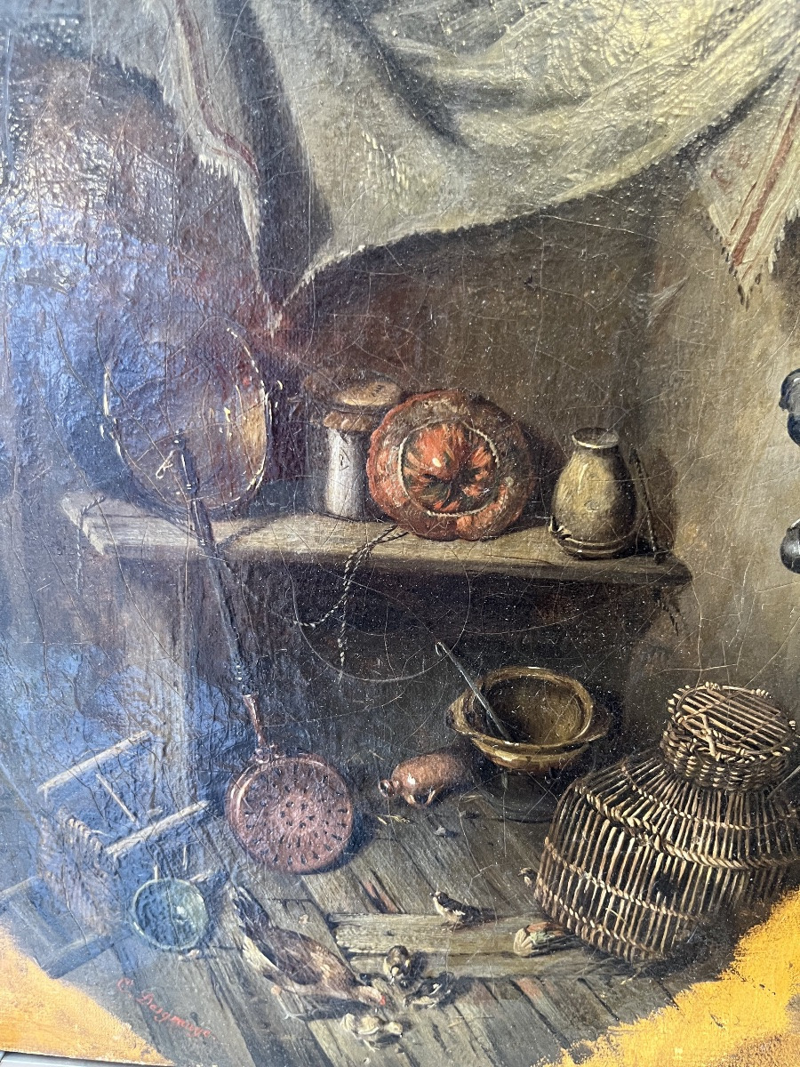 Huile sur toile, nature morte, cuisine XIX eme. France. -photo-3