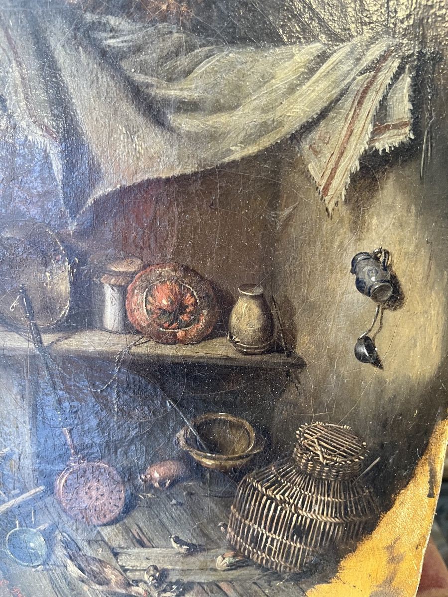 Huile sur toile, nature morte, cuisine XIX eme. France. -photo-4