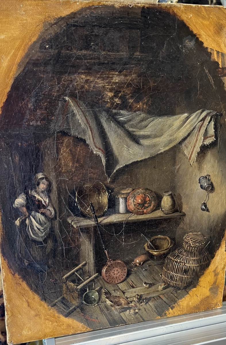 Huile sur toile, nature morte, cuisine XIX eme. France. -photo-3