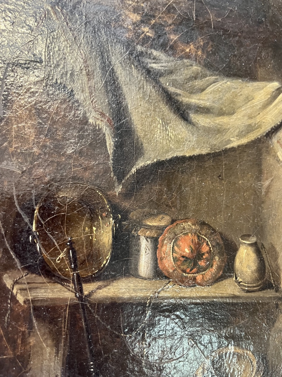Huile sur toile, nature morte, cuisine XIX eme. France. -photo-4