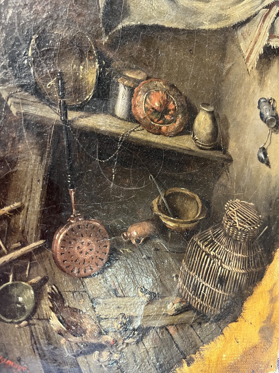 Huile sur toile, nature morte, cuisine XIX eme. France. -photo-6