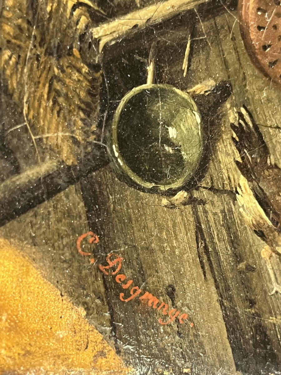 Huile sur toile, nature morte, cuisine XIX eme. France. -photo-7