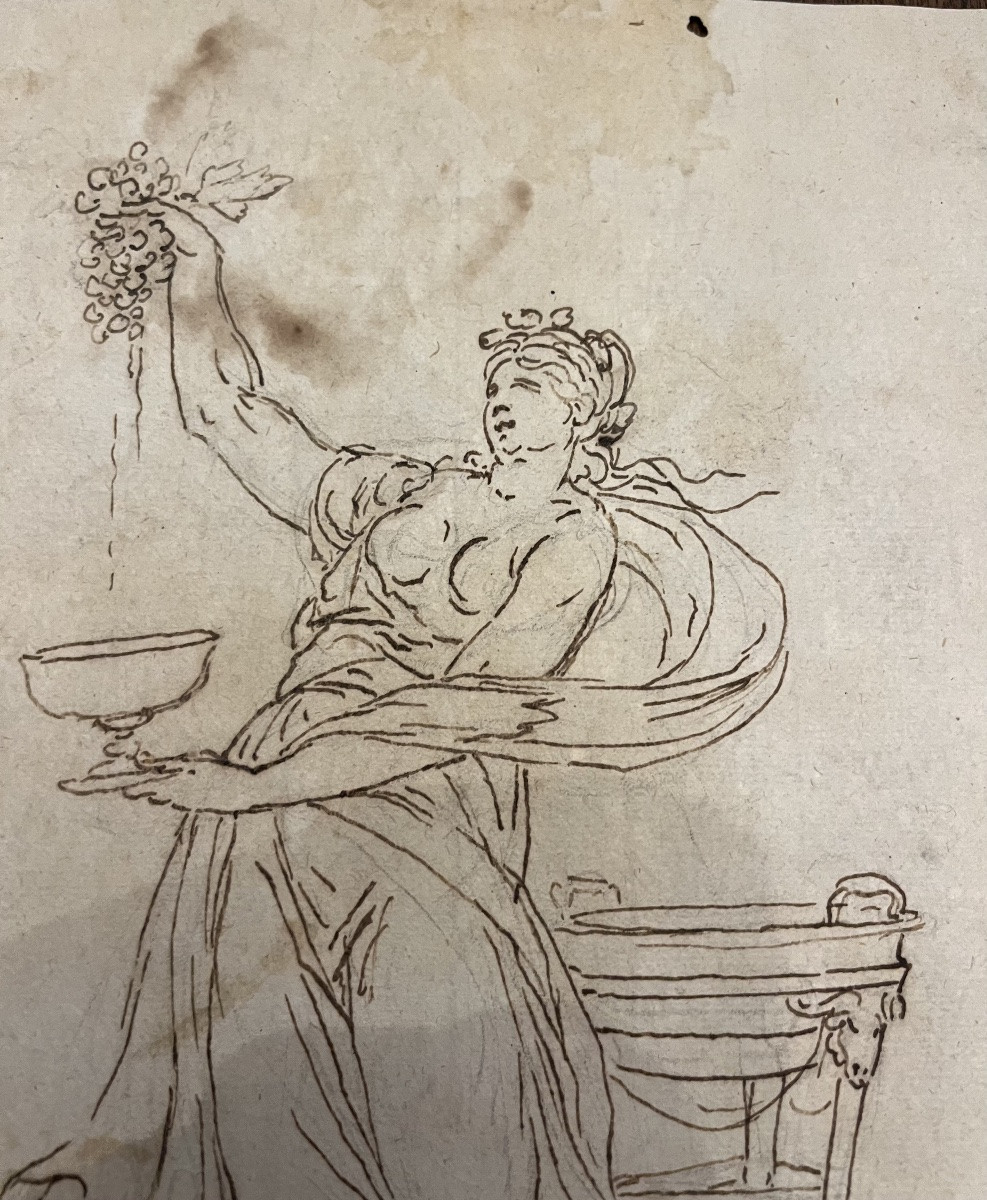 Large Pen Drawing On Pencil Lines, Young Woman, Baccante, With Bunch Of Grapes.-photo-2